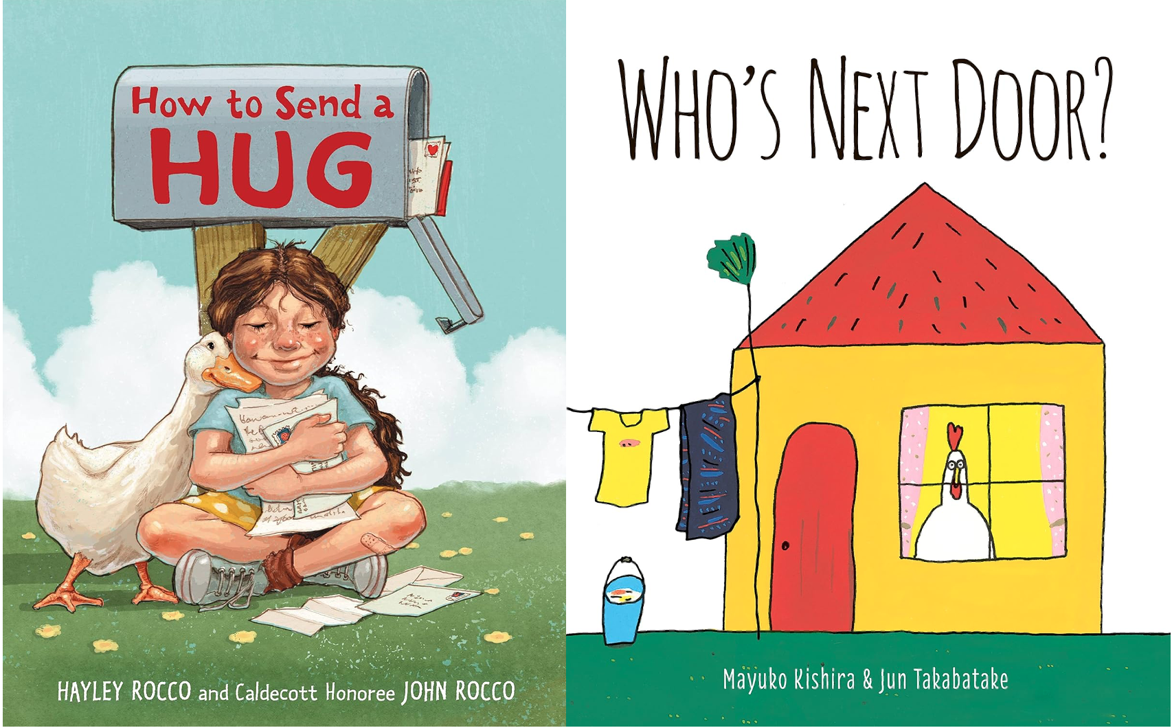 How to Send a Hug (book cover) and Who's Next Door? (book cover)