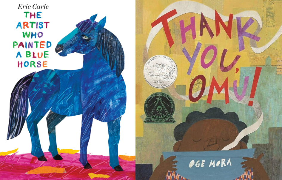 Book covers: The Artist Who Painted a Blue Hors and Thank You, Omu